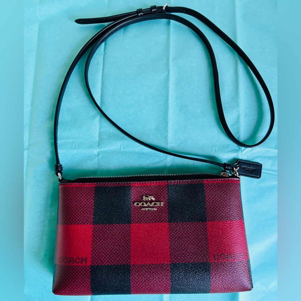 Coach Zip Top Crossbody With Buffalo Print. Red And Black Checkered Pattern.